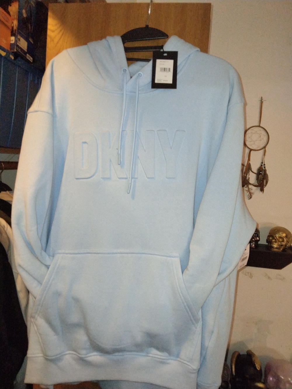 DKNY Light Blue Embossed Logo Hoodie